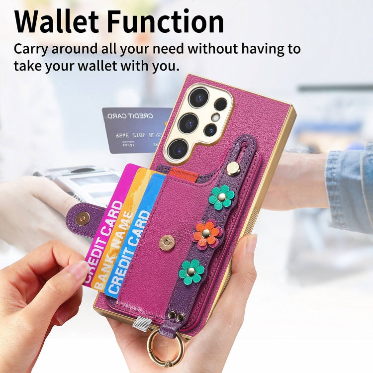 For Samsung Galaxy S23 Ultra 5G Stereoscopic Flowers Wristband Card Bag Phone Case