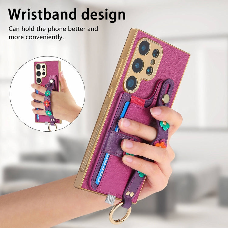 For Samsung Galaxy S23 Ultra 5G Stereoscopic Flowers Wristband Card Bag Phone Case