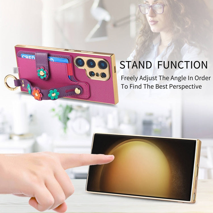 For Samsung Galaxy S23 Ultra 5G Stereoscopic Flowers Wristband Card Bag Phone Case