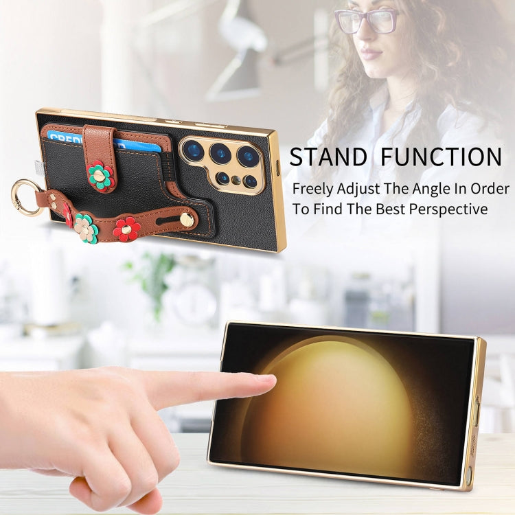 For Samsung Galaxy S23 Ultra 5G Stereoscopic Flowers Wristband Card Bag Phone Case
