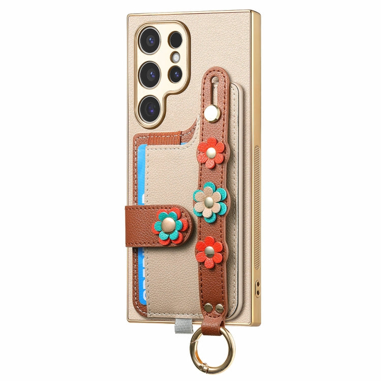 For Samsung Galaxy S23 Ultra 5G Stereoscopic Flowers Wristband Card Bag Phone Case