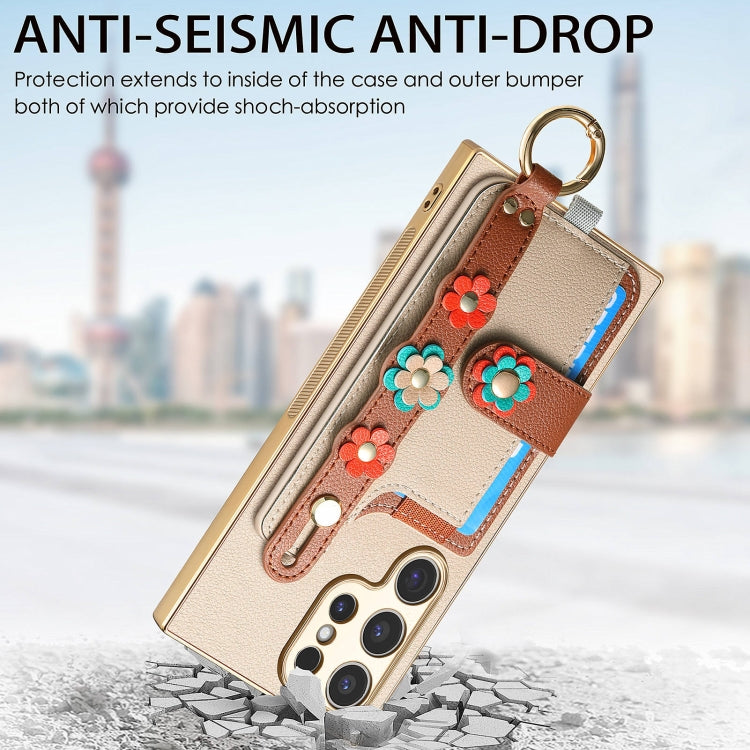 For Samsung Galaxy S23 Ultra 5G Stereoscopic Flowers Wristband Card Bag Phone Case