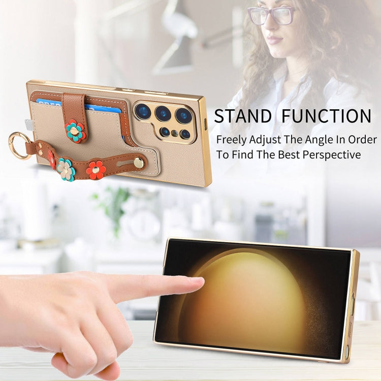 For Samsung Galaxy S23 Ultra 5G Stereoscopic Flowers Wristband Card Bag Phone Case