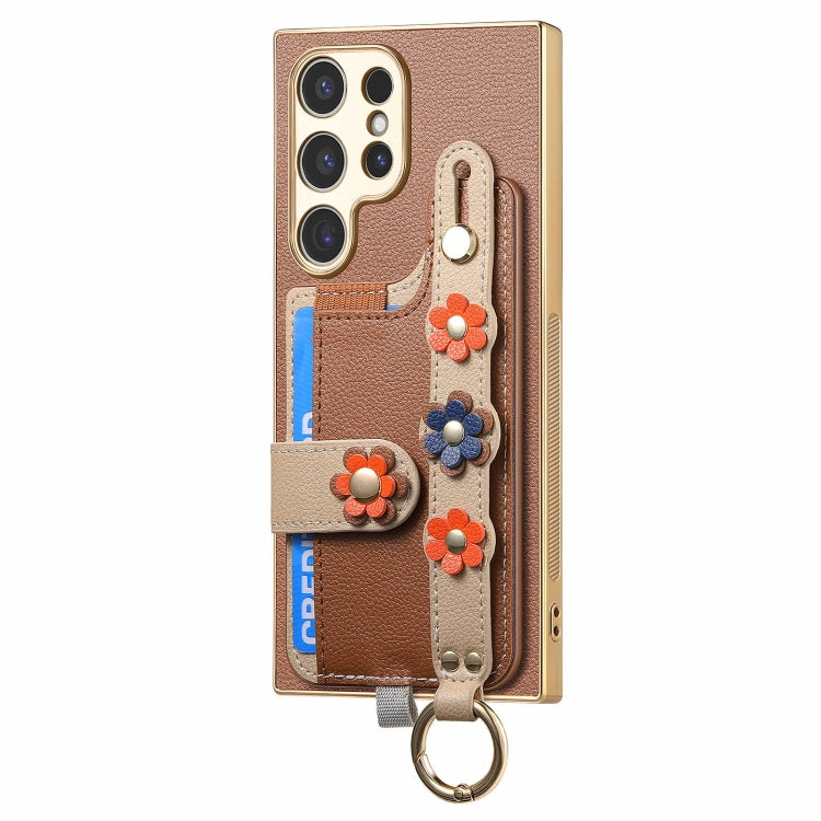 For Samsung Galaxy S23 Ultra 5G Stereoscopic Flowers Wristband Card Bag Phone Case