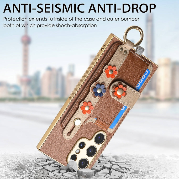 For Samsung Galaxy S23 Ultra 5G Stereoscopic Flowers Wristband Card Bag Phone Case