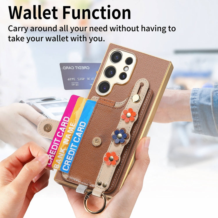 For Samsung Galaxy S23 Ultra 5G Stereoscopic Flowers Wristband Card Bag Phone Case