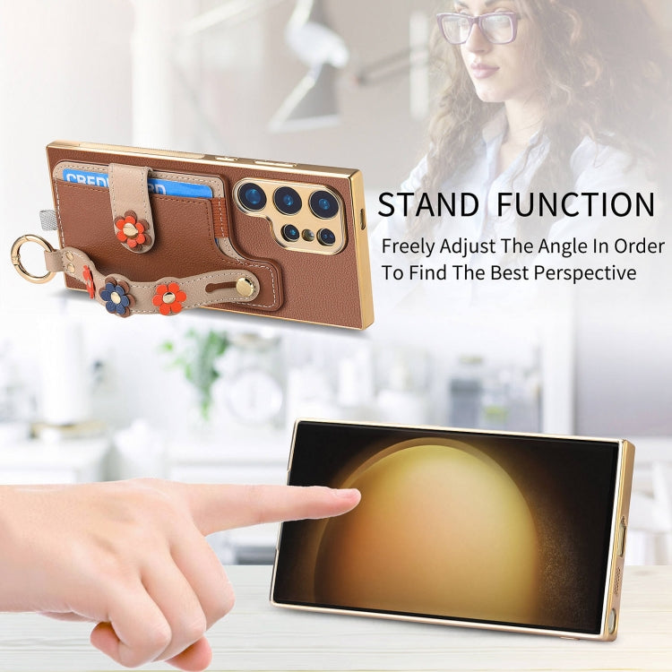 For Samsung Galaxy S23 Ultra 5G Stereoscopic Flowers Wristband Card Bag Phone Case