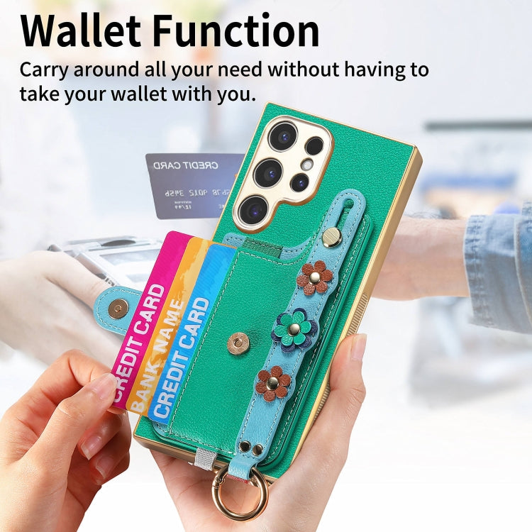 For Samsung Galaxy S23 Ultra 5G Stereoscopic Flowers Wristband Card Bag Phone Case