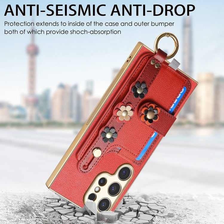 For Samsung Galaxy S23 Ultra 5G Stereoscopic Flowers Wristband Card Bag Phone Case