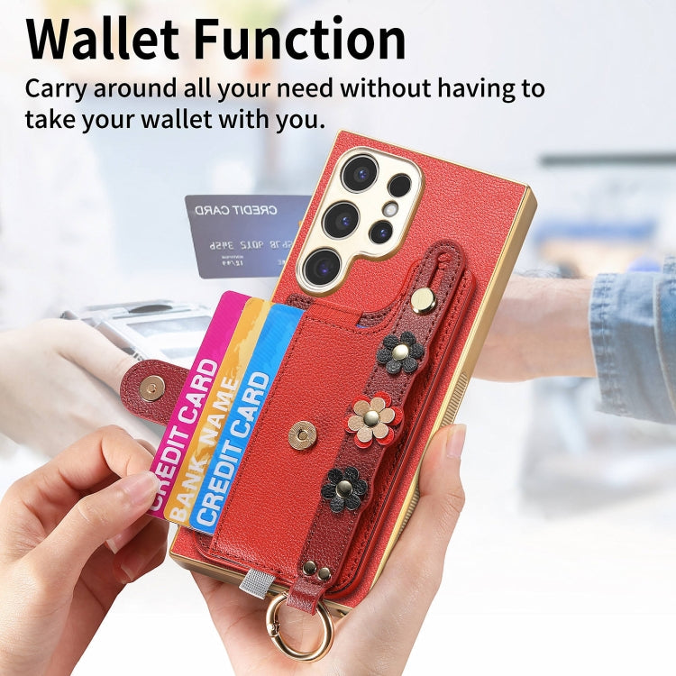 For Samsung Galaxy S23 Ultra 5G Stereoscopic Flowers Wristband Card Bag Phone Case