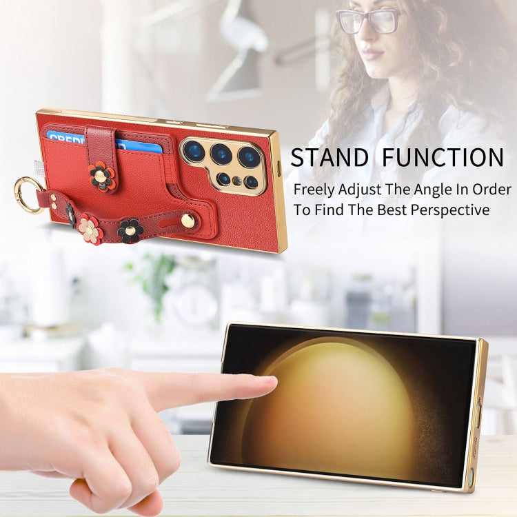 For Samsung Galaxy S23 Ultra 5G Stereoscopic Flowers Wristband Card Bag Phone Case