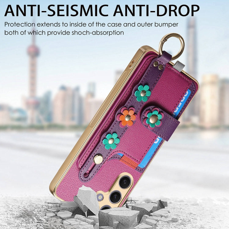 For Samsung Galaxy S24+ 5G Stereoscopic Flowers Wristband Card Bag Phone Case