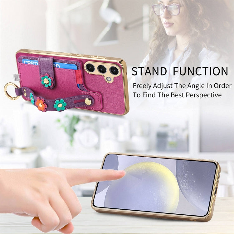 For Samsung Galaxy S24+ 5G Stereoscopic Flowers Wristband Card Bag Phone Case