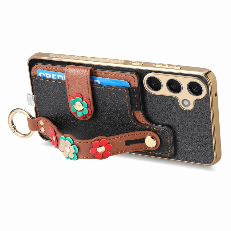 For Samsung Galaxy S24+ 5G Stereoscopic Flowers Wristband Card Bag Phone Case