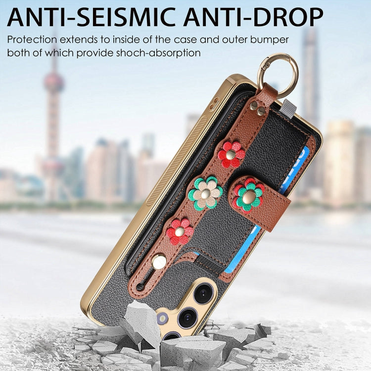 For Samsung Galaxy S24+ 5G Stereoscopic Flowers Wristband Card Bag Phone Case
