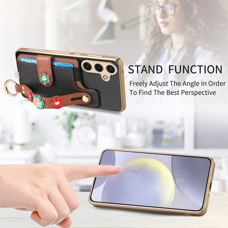 For Samsung Galaxy S24+ 5G Stereoscopic Flowers Wristband Card Bag Phone Case