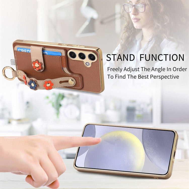 For Samsung Galaxy S24+ 5G Stereoscopic Flowers Wristband Card Bag Phone Case