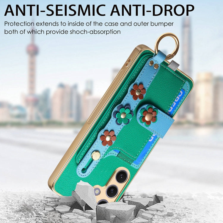 For Samsung Galaxy S24+ 5G Stereoscopic Flowers Wristband Card Bag Phone Case