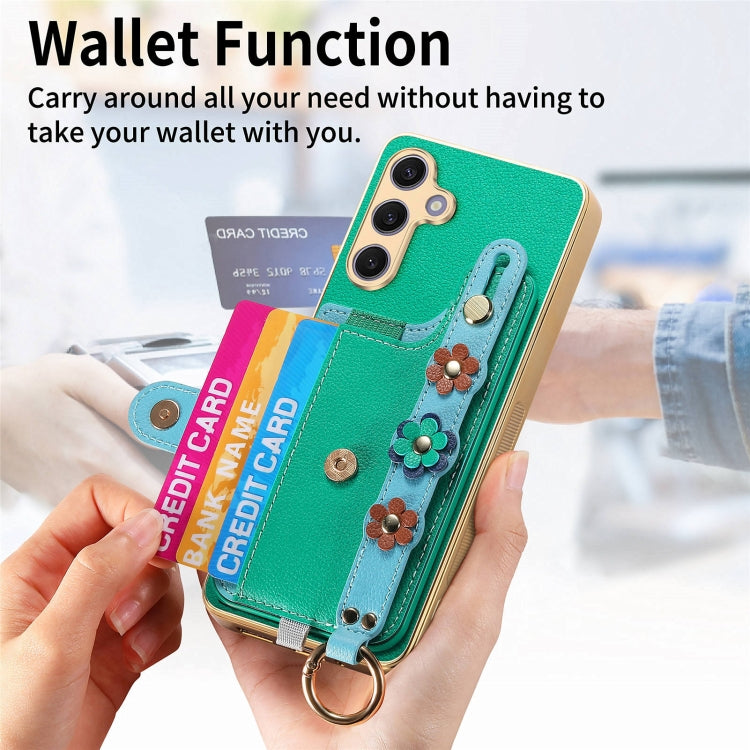 For Samsung Galaxy S24+ 5G Stereoscopic Flowers Wristband Card Bag Phone Case