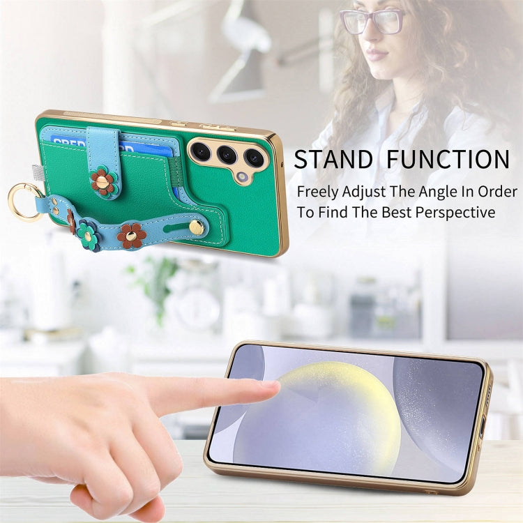 For Samsung Galaxy S24+ 5G Stereoscopic Flowers Wristband Card Bag Phone Case