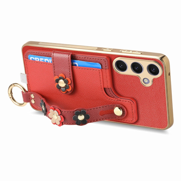 For Samsung Galaxy S24+ 5G Stereoscopic Flowers Wristband Card Bag Phone Case