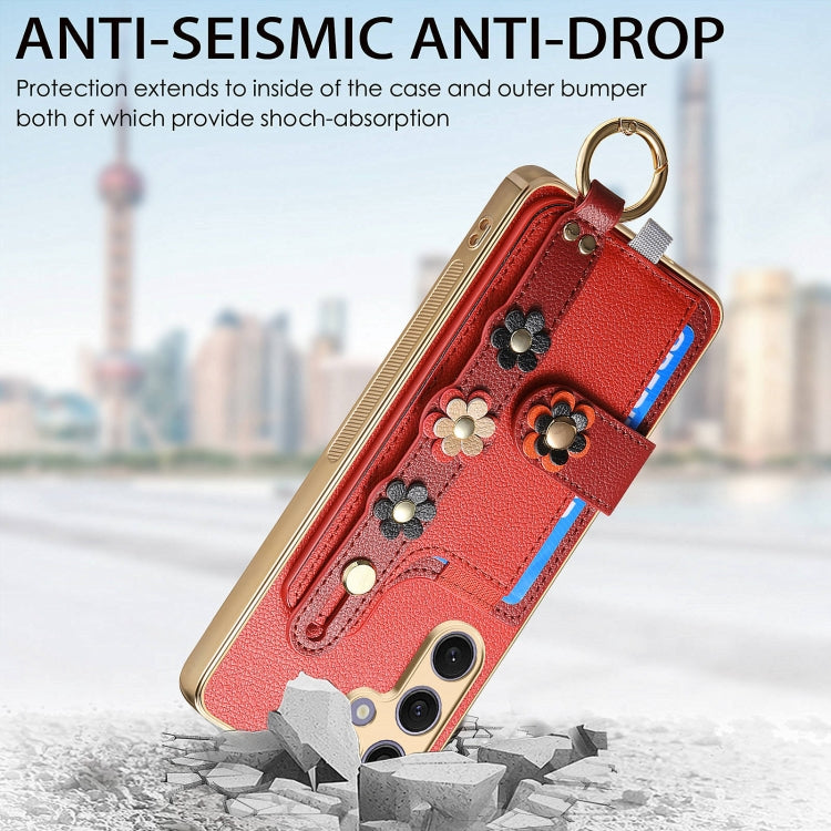 For Samsung Galaxy S24+ 5G Stereoscopic Flowers Wristband Card Bag Phone Case