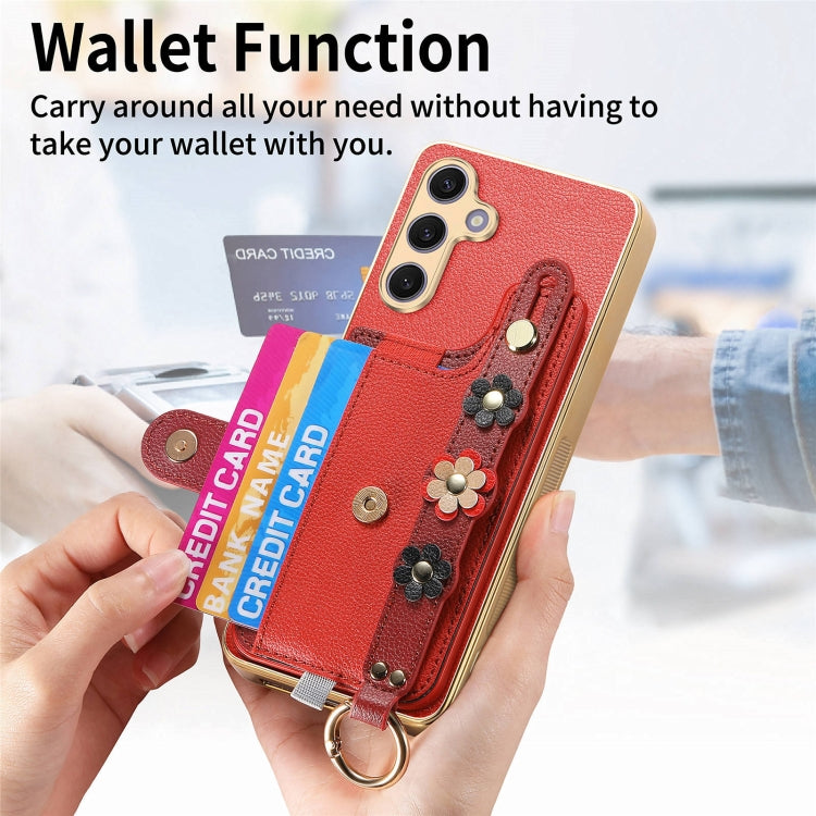 For Samsung Galaxy S24+ 5G Stereoscopic Flowers Wristband Card Bag Phone Case