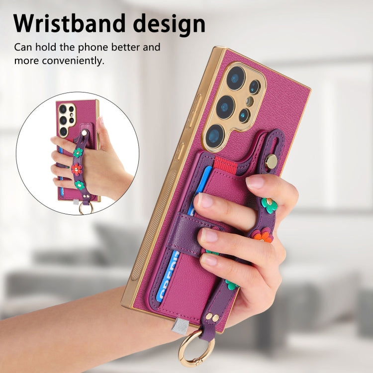 For Samsung Galaxy S24 Ultra 5G Stereoscopic Flowers Wristband Card Bag Phone Case