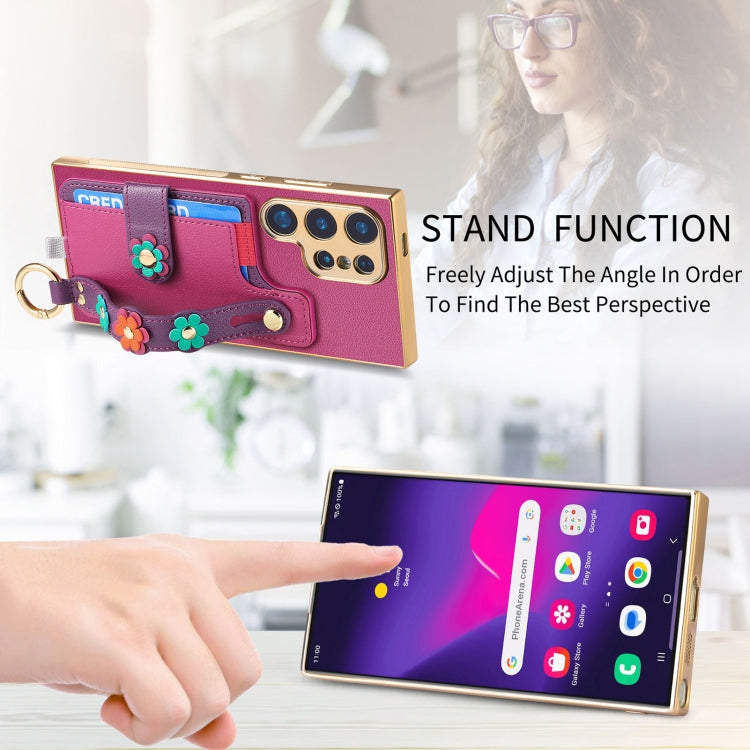 For Samsung Galaxy S24 Ultra 5G Stereoscopic Flowers Wristband Card Bag Phone Case