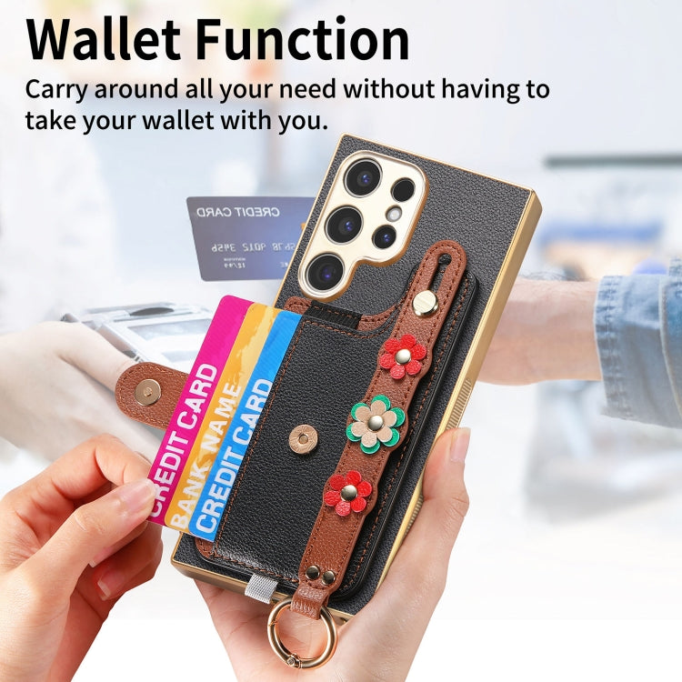For Samsung Galaxy S24 Ultra 5G Stereoscopic Flowers Wristband Card Bag Phone Case