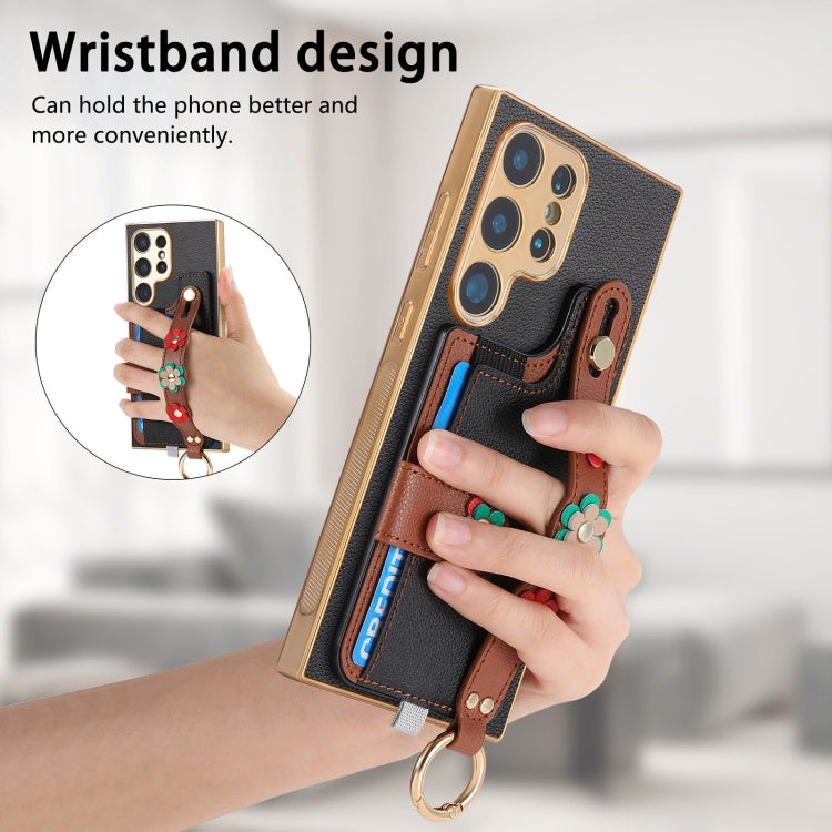 For Samsung Galaxy S24 Ultra 5G Stereoscopic Flowers Wristband Card Bag Phone Case