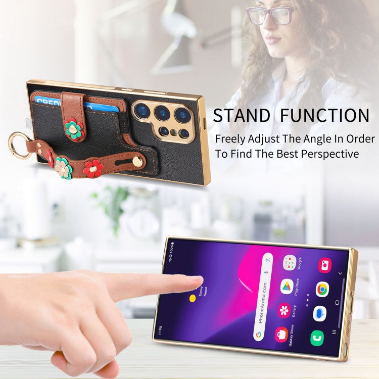 For Samsung Galaxy S24 Ultra 5G Stereoscopic Flowers Wristband Card Bag Phone Case