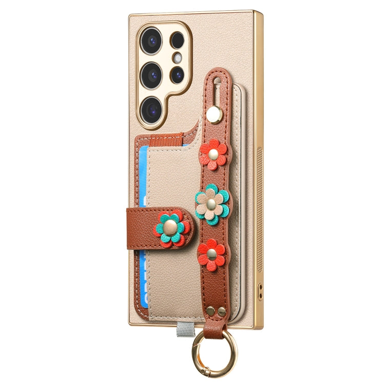 For Samsung Galaxy S24 Ultra 5G Stereoscopic Flowers Wristband Card Bag Phone Case