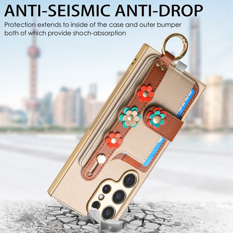 For Samsung Galaxy S24 Ultra 5G Stereoscopic Flowers Wristband Card Bag Phone Case