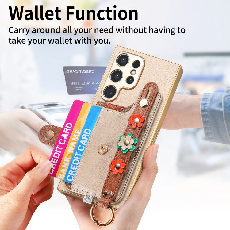 For Samsung Galaxy S24 Ultra 5G Stereoscopic Flowers Wristband Card Bag Phone Case