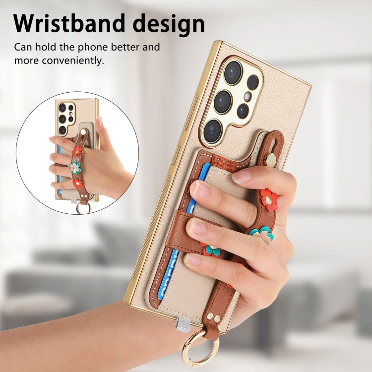 For Samsung Galaxy S24 Ultra 5G Stereoscopic Flowers Wristband Card Bag Phone Case