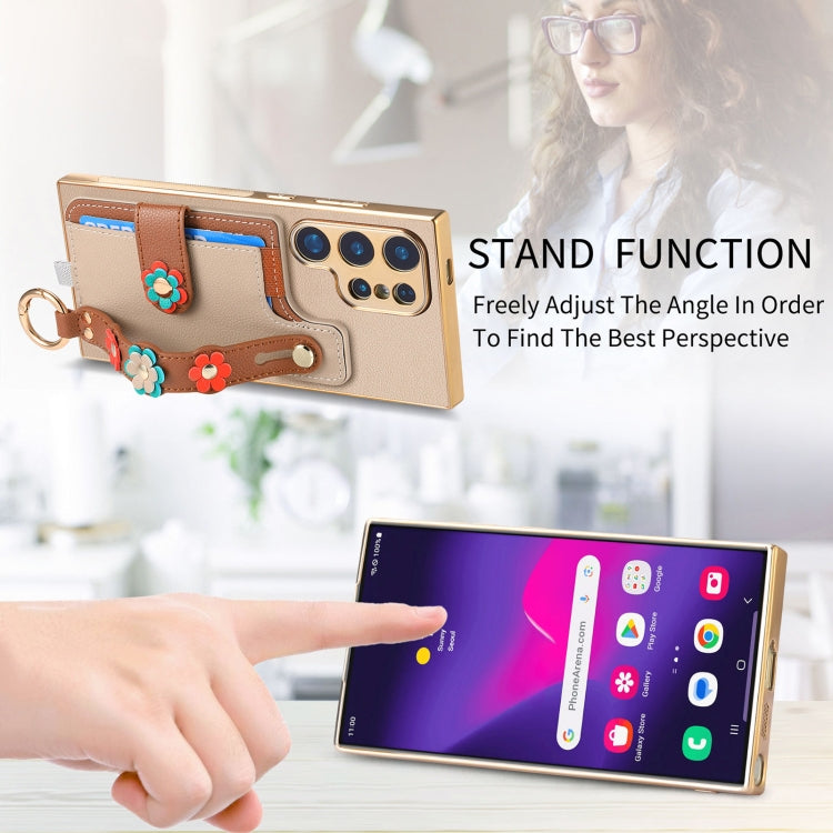 For Samsung Galaxy S24 Ultra 5G Stereoscopic Flowers Wristband Card Bag Phone Case