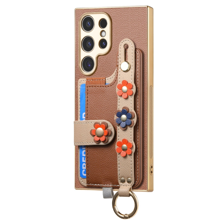 For Samsung Galaxy S24 Ultra 5G Stereoscopic Flowers Wristband Card Bag Phone Case