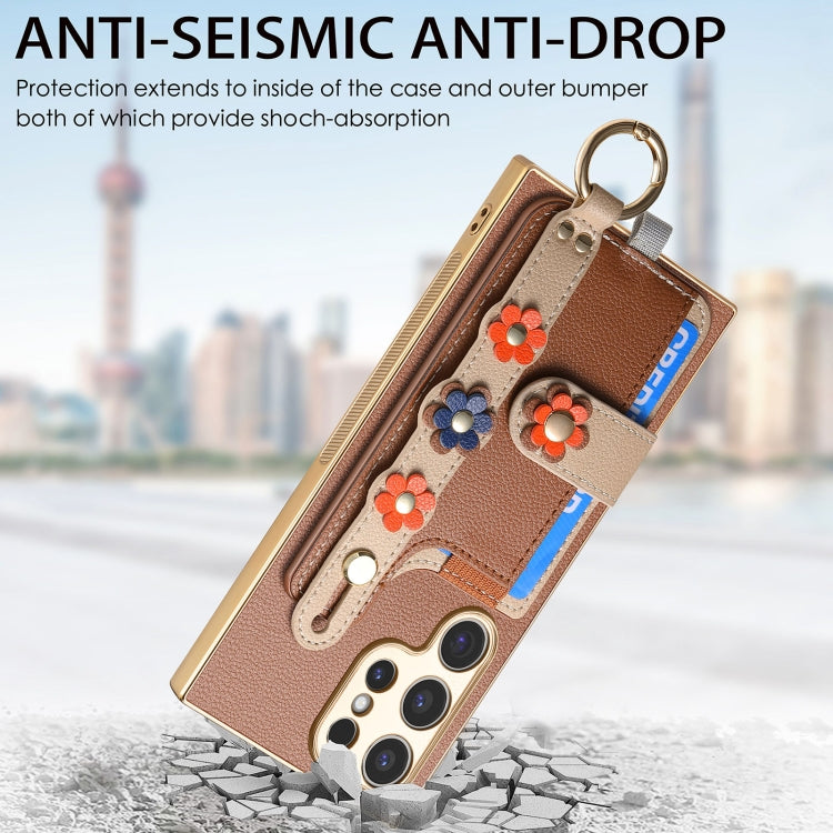For Samsung Galaxy S24 Ultra 5G Stereoscopic Flowers Wristband Card Bag Phone Case