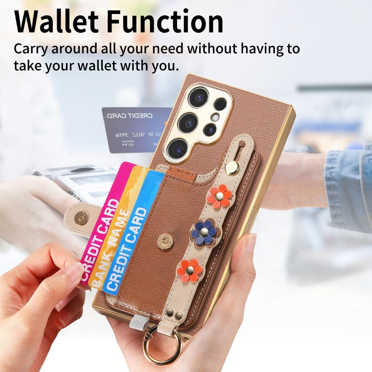 For Samsung Galaxy S24 Ultra 5G Stereoscopic Flowers Wristband Card Bag Phone Case