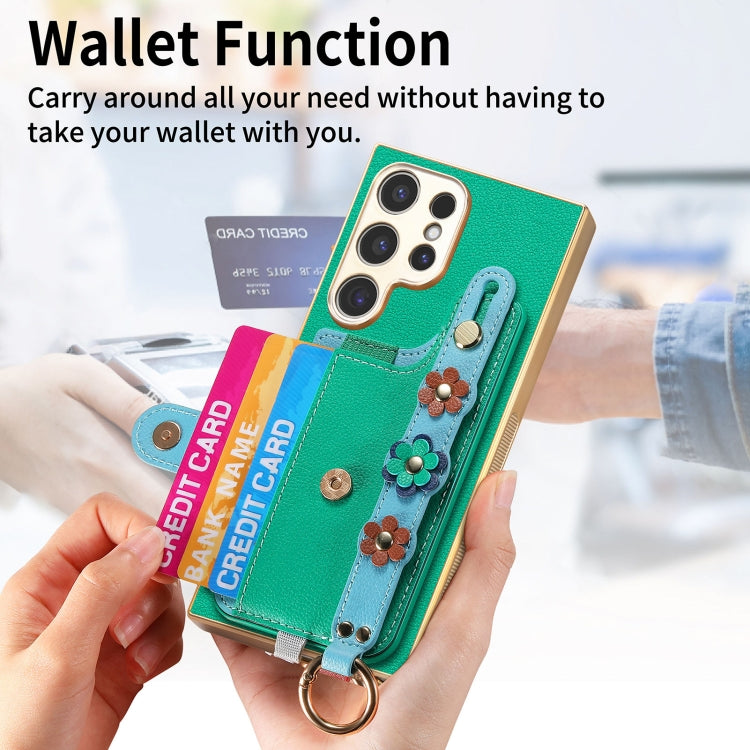 For Samsung Galaxy S24 Ultra 5G Stereoscopic Flowers Wristband Card Bag Phone Case