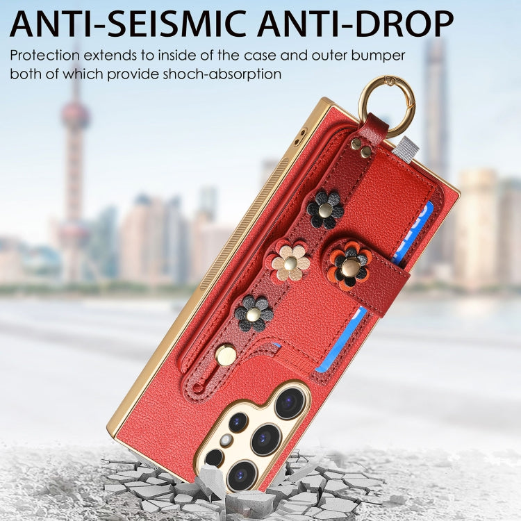 For Samsung Galaxy S24 Ultra 5G Stereoscopic Flowers Wristband Card Bag Phone Case