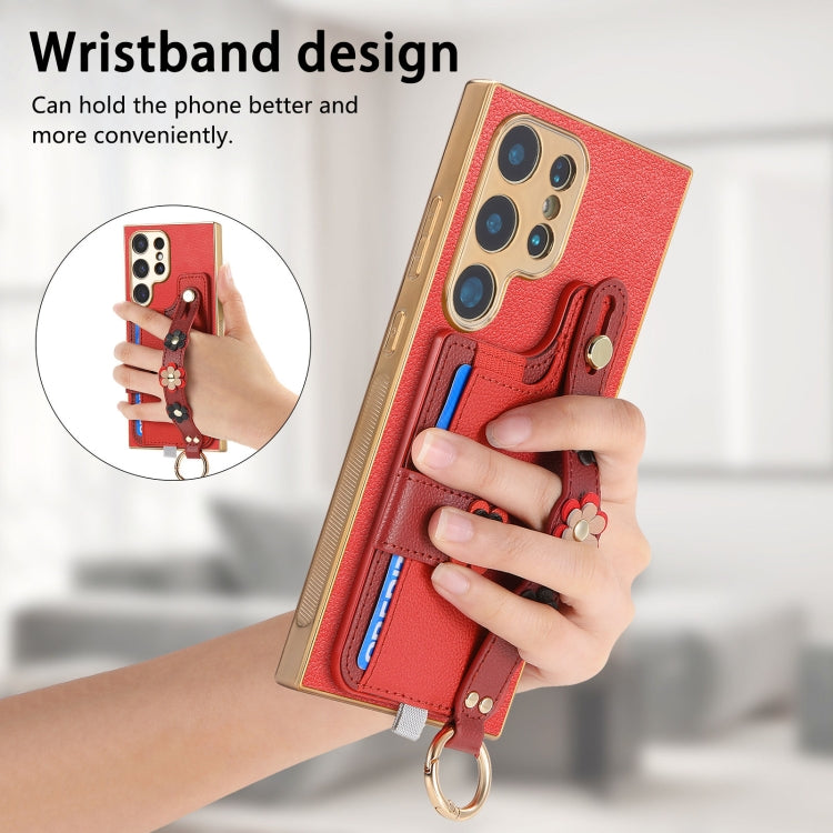 For Samsung Galaxy S24 Ultra 5G Stereoscopic Flowers Wristband Card Bag Phone Case
