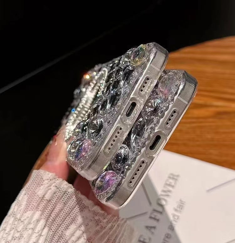 For iPhone 15 Pro Mirror Handmade Bling Rhinestone PC Phone Case