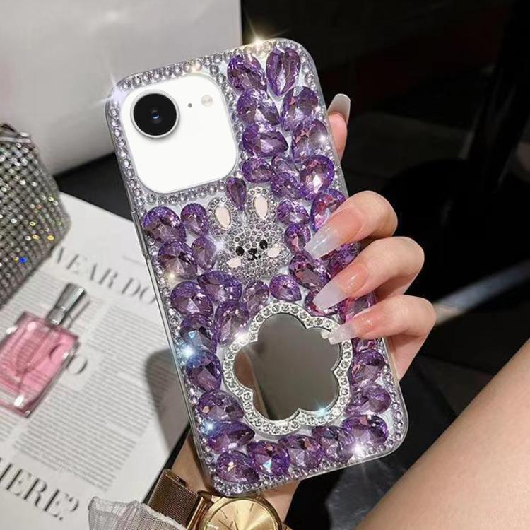For iPhone 16e Diamond Mirror Rabbit Handmade PC Phone Case