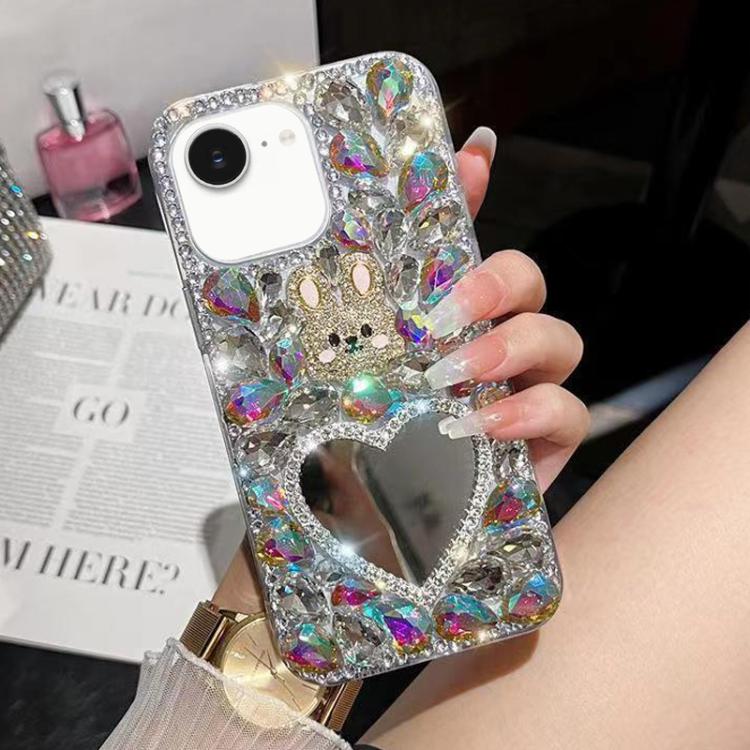 For iPhone 16e Diamond Mirror Rabbit Handmade PC Phone Case