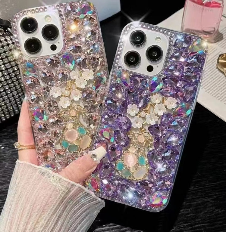 For iPhone 13 Pro Plum Blossom Handmade Diamond Inlay PC Phone Case