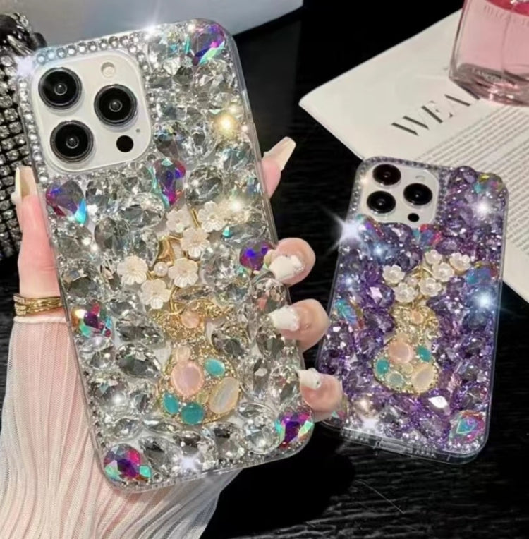 For iPhone 14 Plus Plum Blossom Handmade Diamond Inlay PC Phone Case