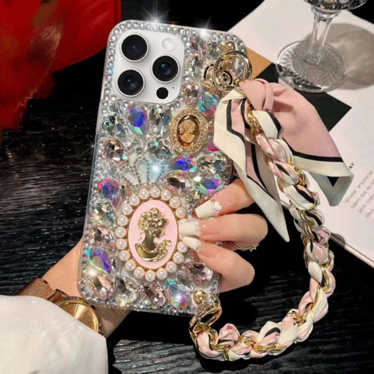 For iPhone 14 Pro Max Handmade Diamond Purple Gemstone Scarf Bracelet PC Phone Case