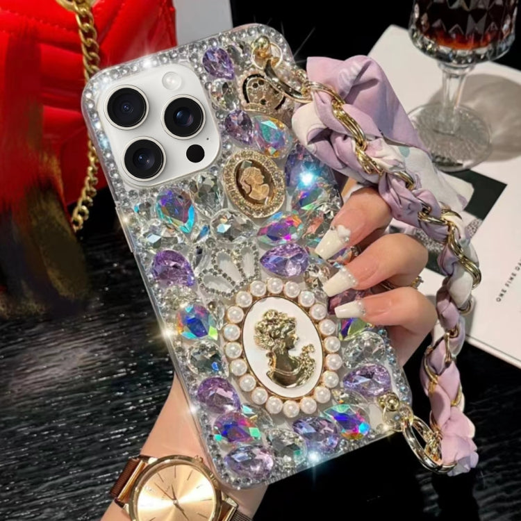 For iPhone 13 Pro Max Handmade Diamond Purple Gemstone Scarf Bracelet PC Phone Case